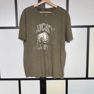Lucky Brand Mens T Shirt Green Graphic Bison Faded Short Sleeve MEDIUM Cotton